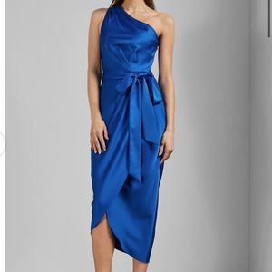 (2/$90) Ted Baker Royal Blue One Shoulder Drape midi dress